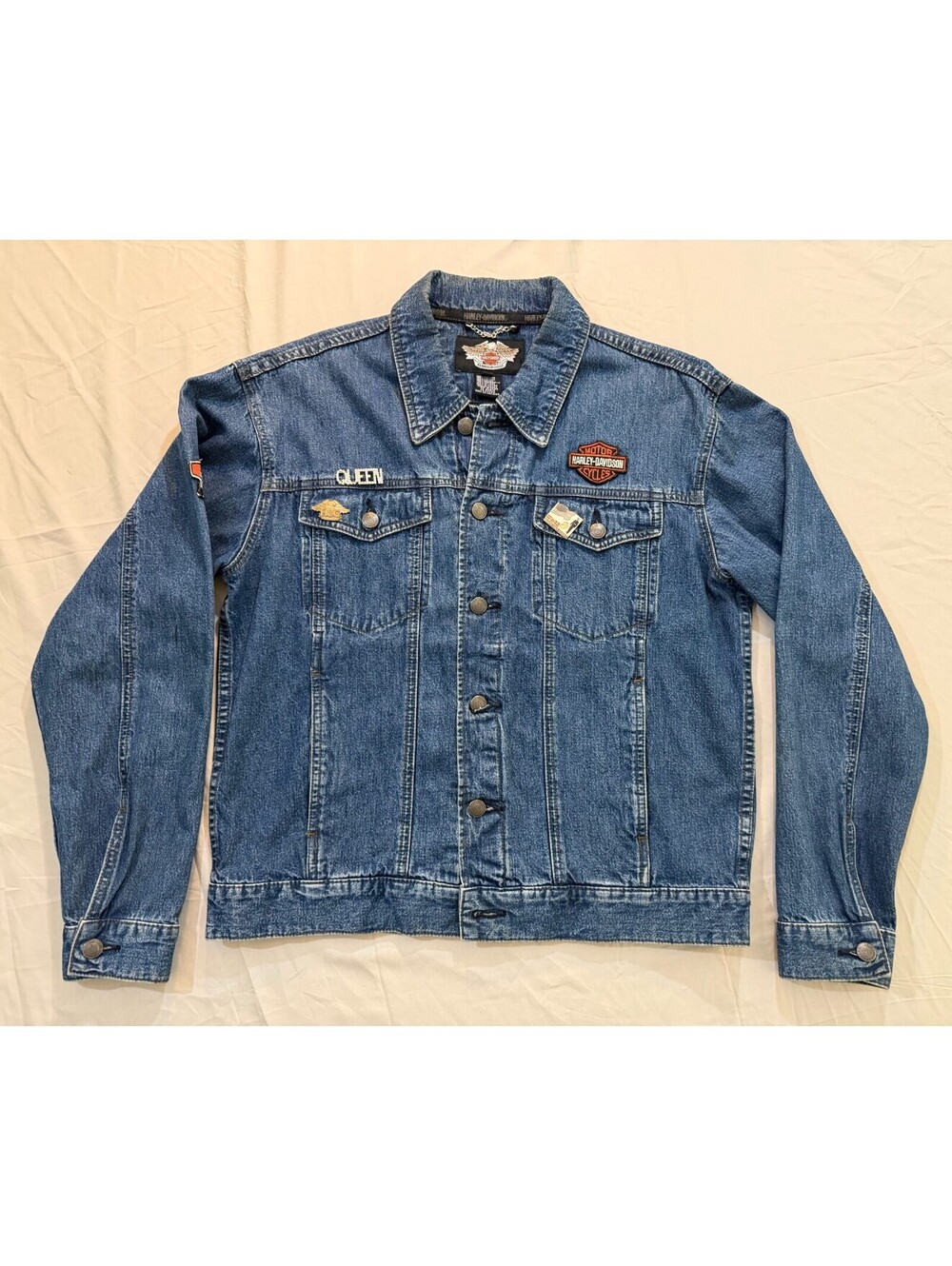 Harley-Davidson Women’s M Denim Jacket Eagle Checkered Flag Back Patch